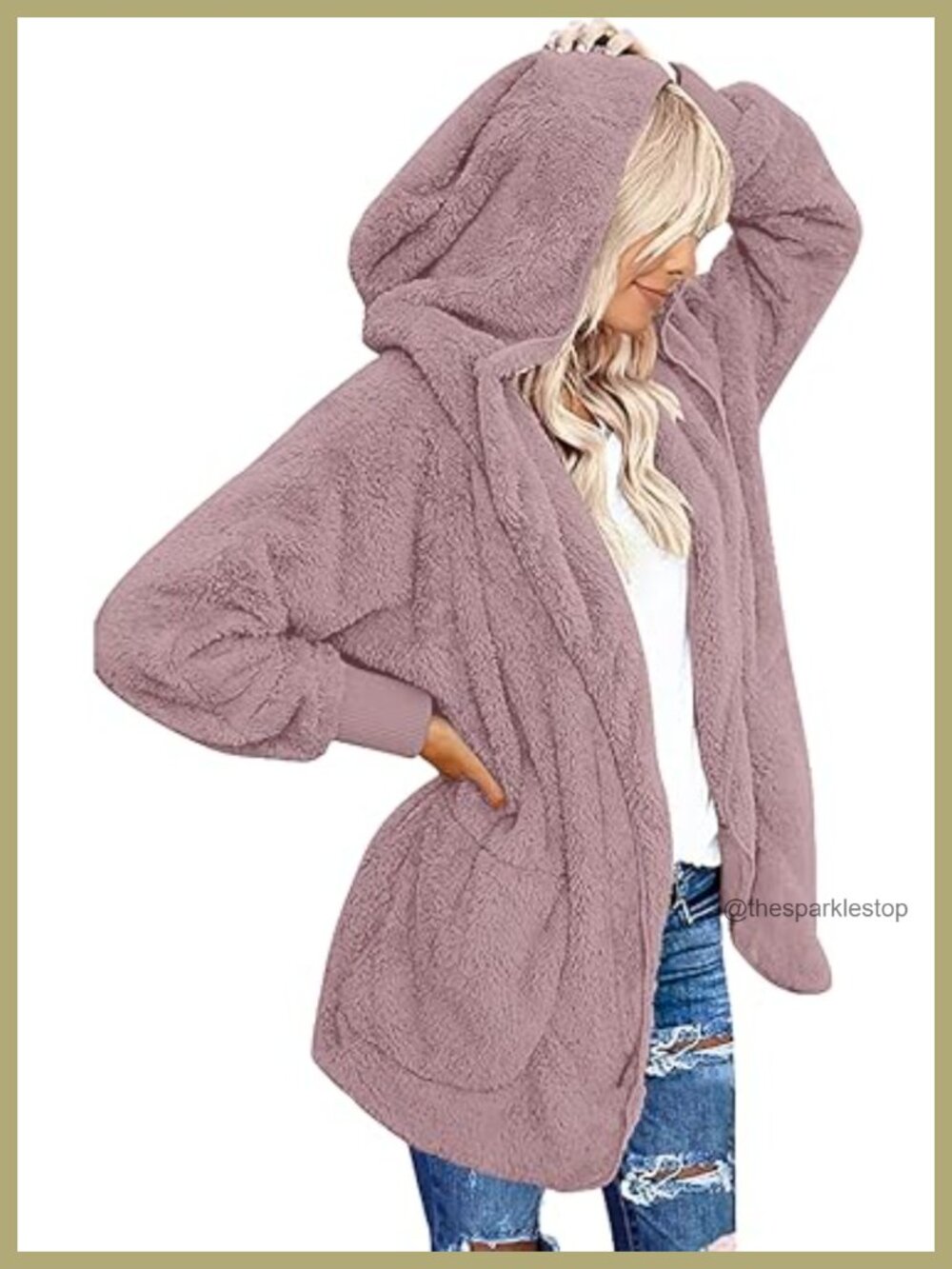 Fuzzy Hooded Cardigan Open Front Sherpa Fleece Jacket with Pockets